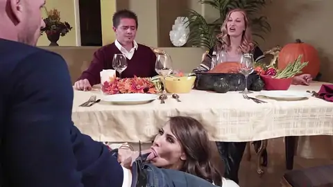 Madison Ivy providing a suck off under the table