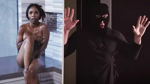 Dark-Hued with pierced nipples is caught by a thief