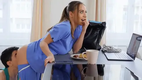 Whorey nurse gets her big all-natural globes kneaded by her beau