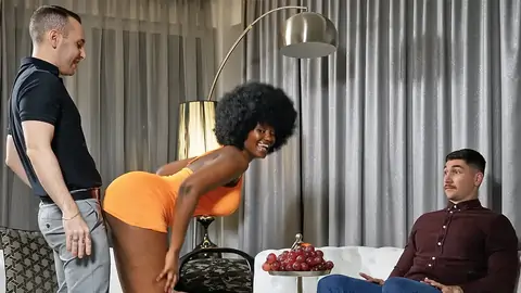 Ebony sweetie on her knees gives husband's boss a deep throat