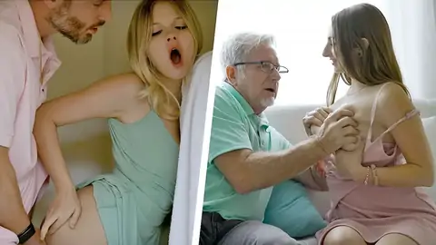 Step granddad and step-father plumbs teens with hair pulling