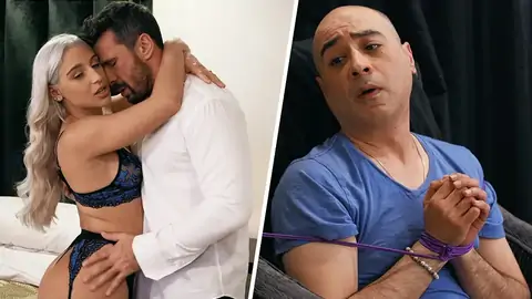 Stud with roped mitts is attempting to plow a platinum-platinum-light-haired damsel